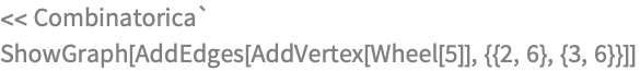 << Combinatorica`
ShowGraph[AddEdges[AddVertex[Wheel[5]], {{2, 6}, {3, 6}}]]