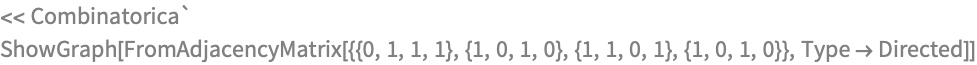 << Combinatorica`
ShowGraph[
 FromAdjacencyMatrix[{{0, 1, 1, 1}, {1, 0, 1, 0}, {1, 1, 0, 1}, {1, 0,
     1, 0}}, Type  Directed]]