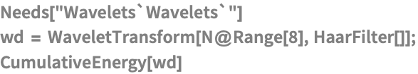 Needs["Wavelets`Wavelets`"]
wd = WaveletTransform[N@Range[8], HaarFilter[]];
CumulativeEnergy[wd]