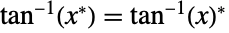 tan^(-1)(TemplateBox[{x}, Conjugate])=TemplateBox[{{{tan, ^, {(, {-, 1}, )}}, (, x, )}}, Conjugate]