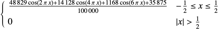  (48829 cos(2 pi x)+14128 cos(4 pi x)+1168 cos(6 pi x)+35875)/(100000) -1/2<=x<=1/2; 0 TemplateBox[{x}, Abs]>1/2; 