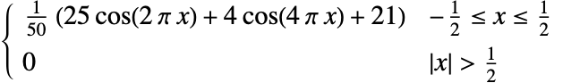  1/(50) (25 cos(2 pi x)+4 cos(4 pi x)+21) -1/2<=x<=1/2; 0 TemplateBox[{x}, Abs]>1/2; 