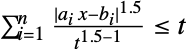 sum_(i=1)^n(TemplateBox[{{{{a, _, i}, x}, -, {b, _, i}}}, Abs]^(1.5))/(t^(1.5-1))<=t