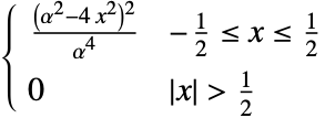  ((alpha^2-4 x^2)^2)/(alpha^4) -1/2<=x<=1/2; 0 TemplateBox[{x}, Abs]>1/2; 