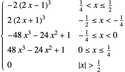  -2 (2 x-1)^3 1/4<x<=1/2; 2 (2 x+1)^3 -1/2<=x<-1/4; -48 x^3-24 x^2+1 -1/4<=x<0; 48 x^3-24 x^2+1 0<=x<=1/4; 0 TemplateBox[{x}, Abs]>1/2; 