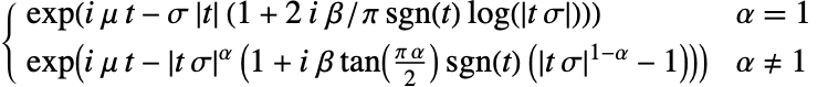 exp(i mu t-sigma TemplateBox[{t}, Abs] (1+2i beta/pi sgn(t) log(TemplateBox[{{t,  , sigma}}, Abs]))) alpha=1; exp(i mu t-TemplateBox[{{t,  , sigma}}, Abs]^alpha (1+i beta tan((pi alpha)/2) sgn(t) (TemplateBox[{{t,  , sigma}}, Abs]^(1-alpha)-1))) alpha!=1