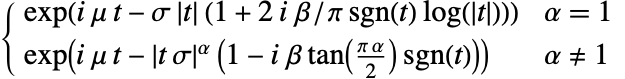 exp(i mu t-sigma TemplateBox[{t}, Abs] (1+2 i beta/pi sgn(t) log(TemplateBox[{t}, Abs]))) alpha=1; exp(i mu t-TemplateBox[{{t,  , sigma}}, Abs]^alpha (1-i beta tan((pi alpha)/2) sgn(t))) alpha!=1